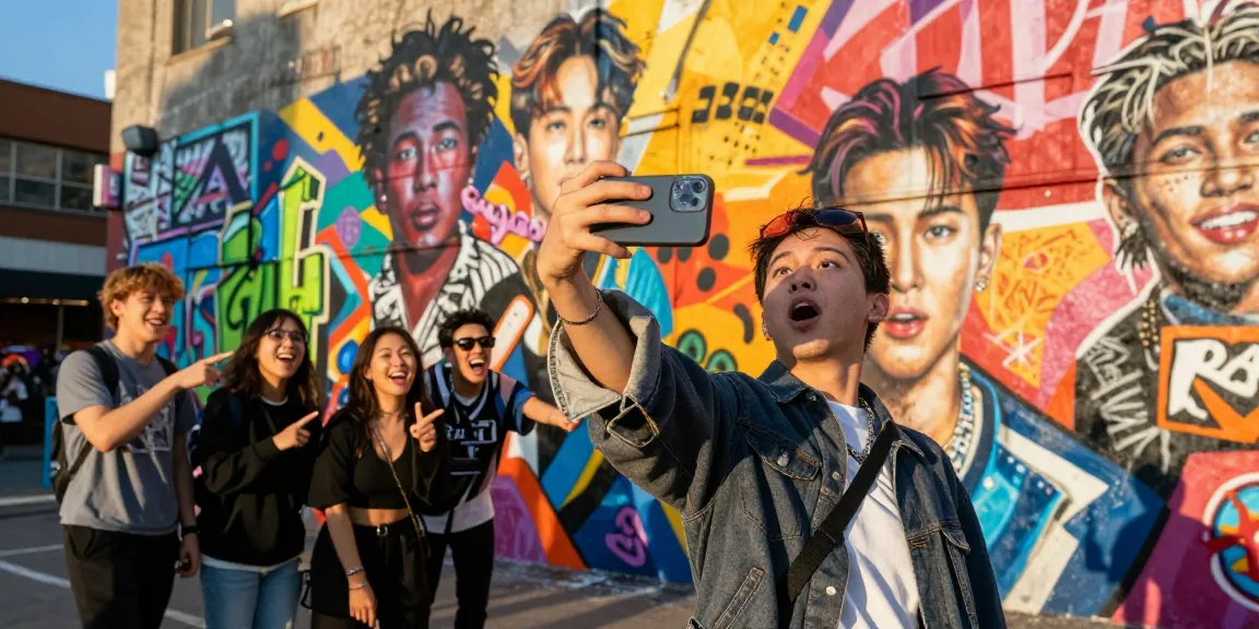 A vibrant urban scene capturing a person excitedly taking a selfie in front of a mural, exploring their celebrity look alike.