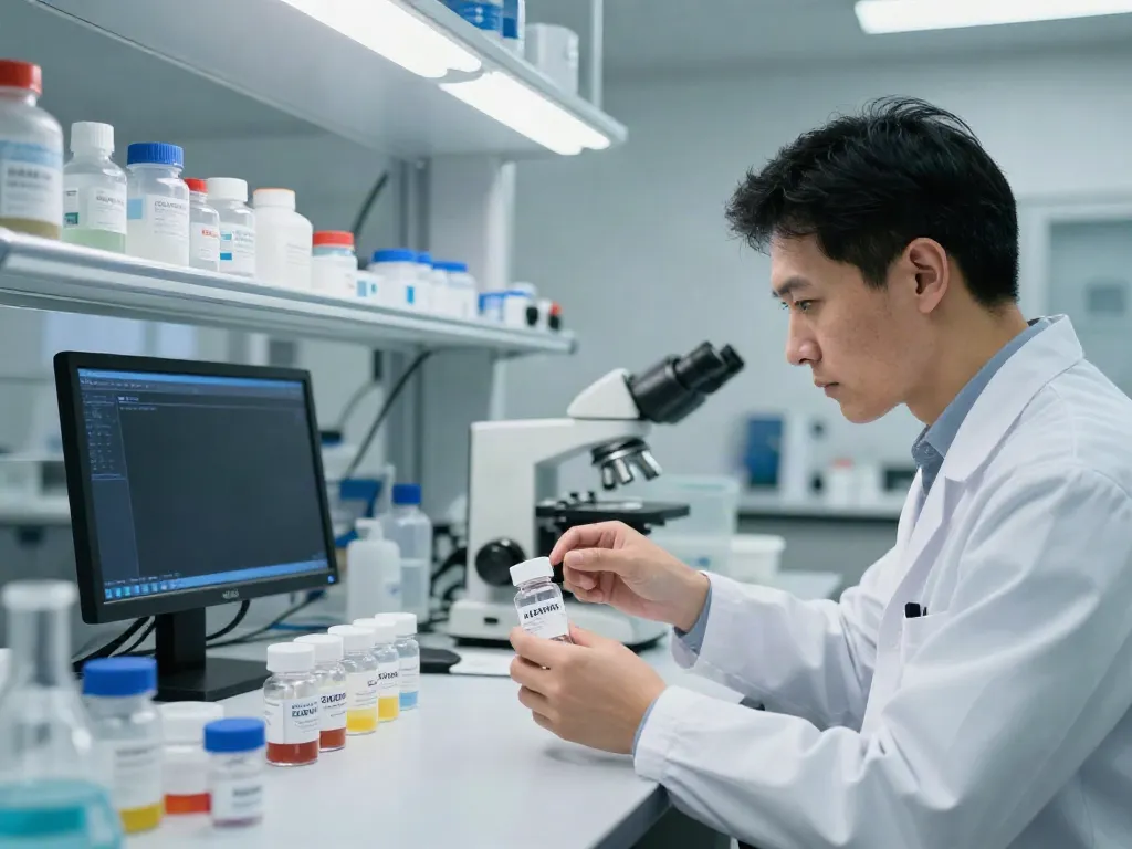 Scientist researching Swiss Chems peptides in a modern lab environment.