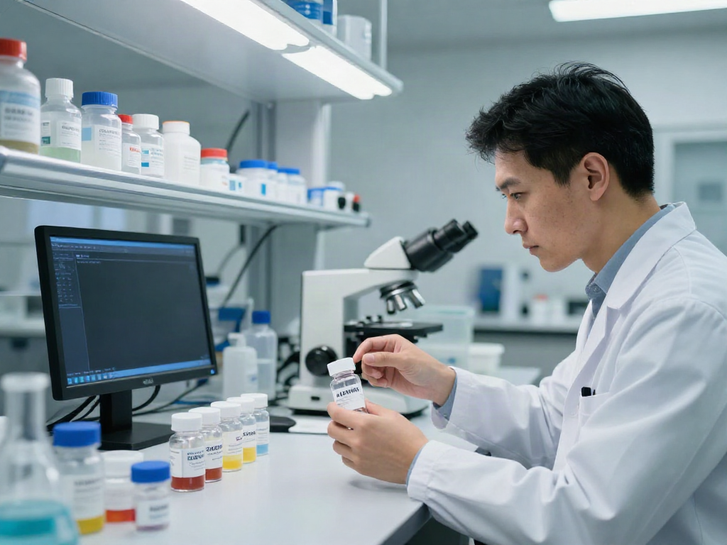 Scientist researching Swiss Chems peptides in a modern lab environment.