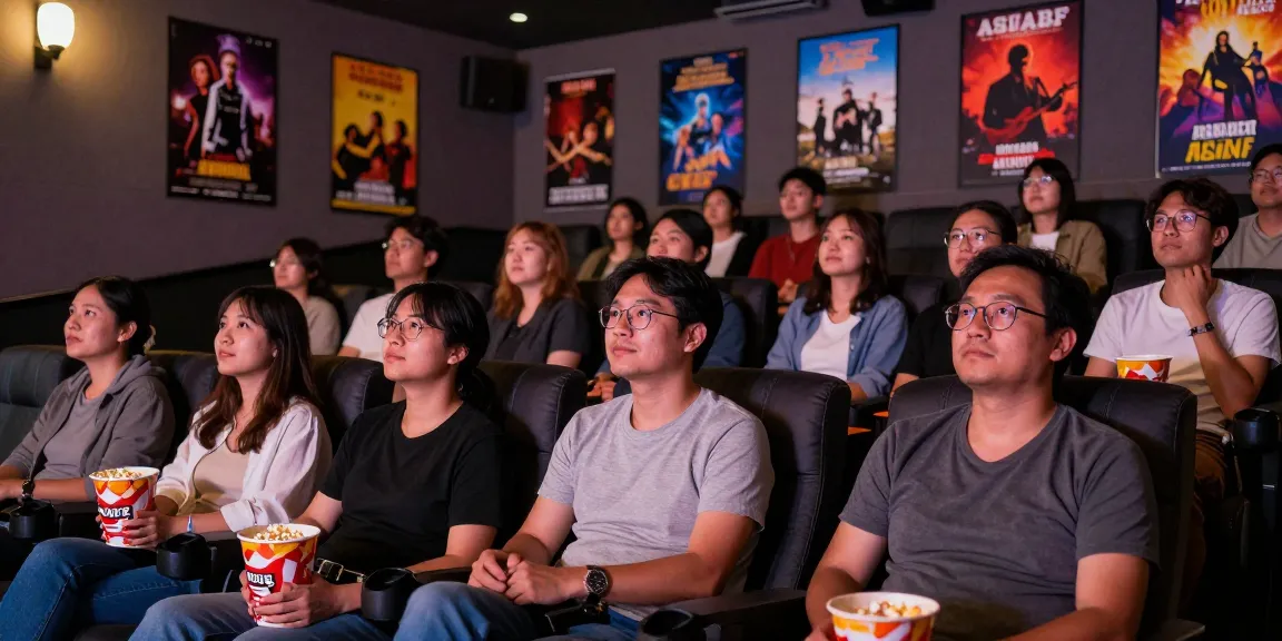 Audience enjoying ASIABF film festival with cinematic atmosphere and colorful posters