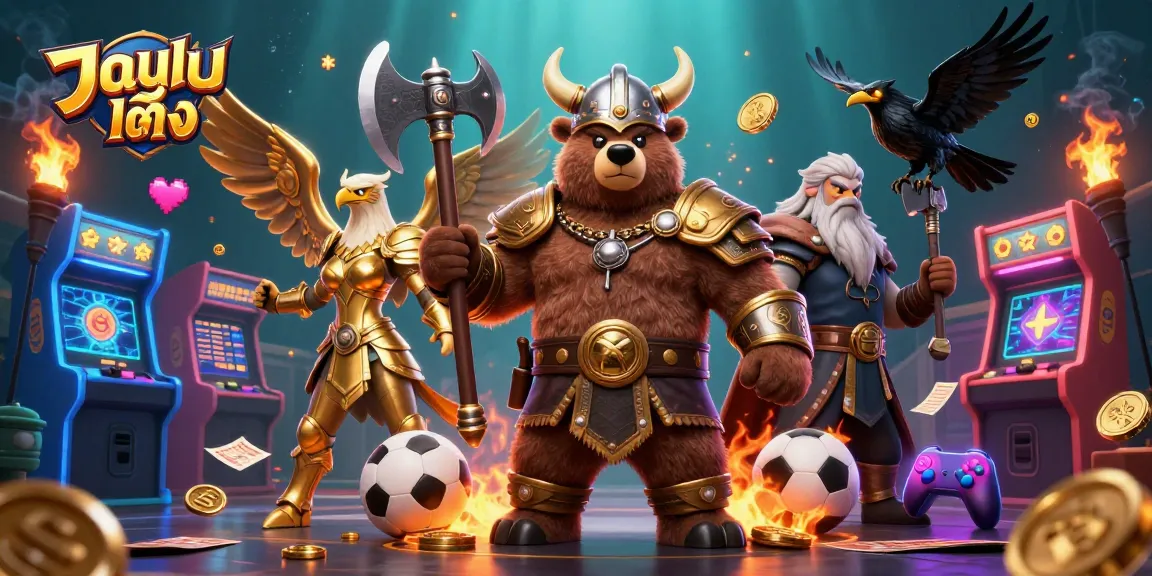 Win big with แทงบอลเต็ง as Viking berserker bear, Valkyrie eagle, and runic ravens in an epic casino scene.