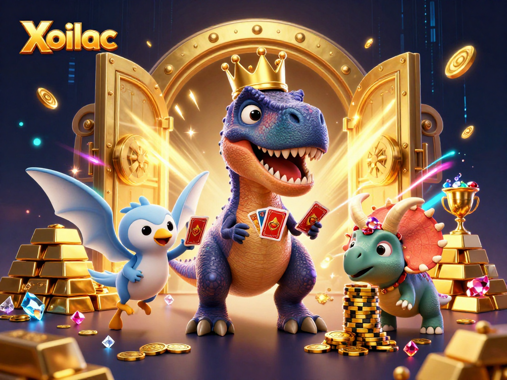 Xoilac casino adventure with T-Rex and friends shuffling cards amid treasures and vibrant lights.
