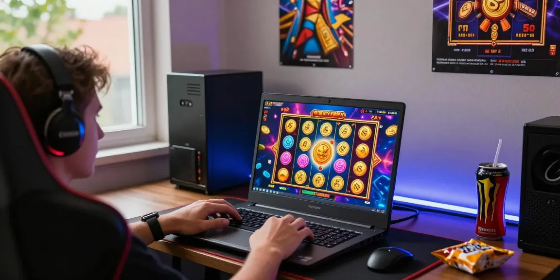 Exciting gaming scene featuring slot depo 1k player at laptop with animated graphics.