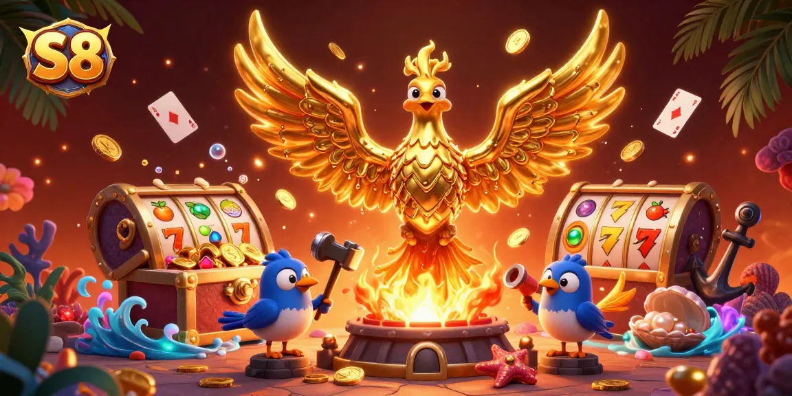 Experience thrilling S8 gaming with a molten golden phoenix surrounded by casino elements.