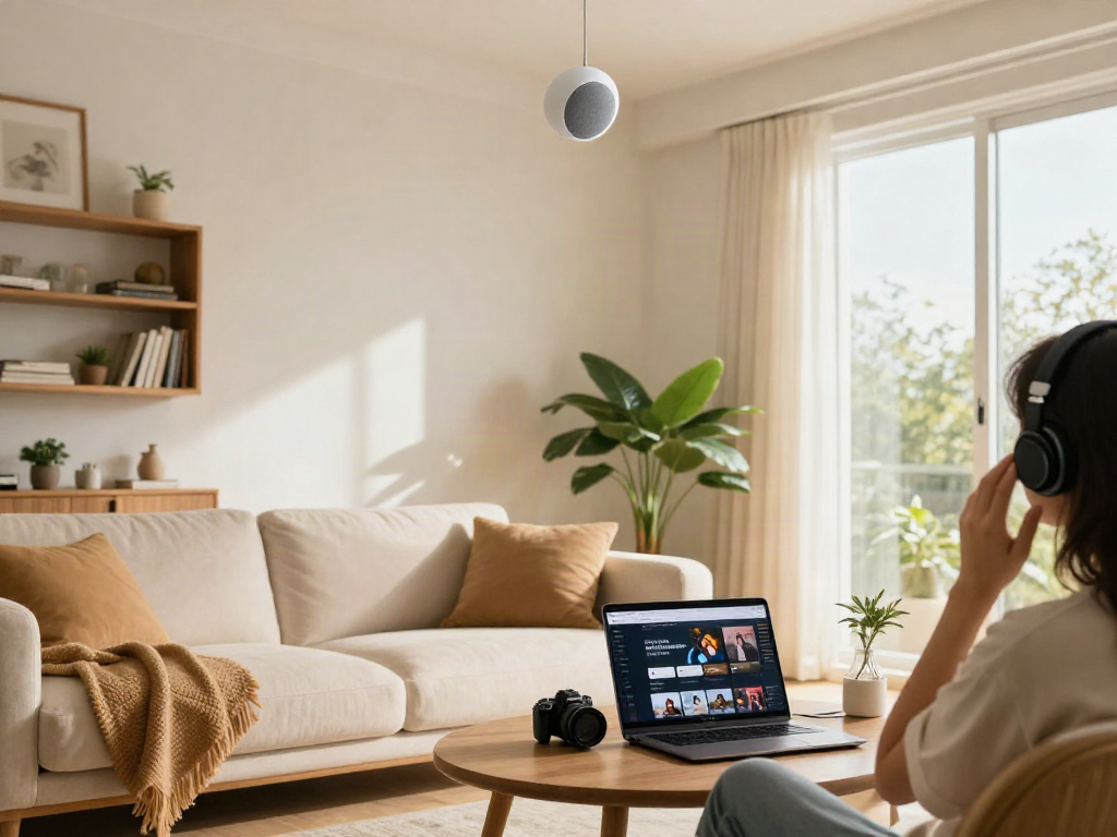 Spacious living room with a ceiling speaker, a person enjoying music, and a cozy atmosphere.