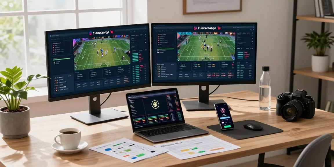 Funexchange live sports betting interface with cryptocurrency trading setup in modern workspace