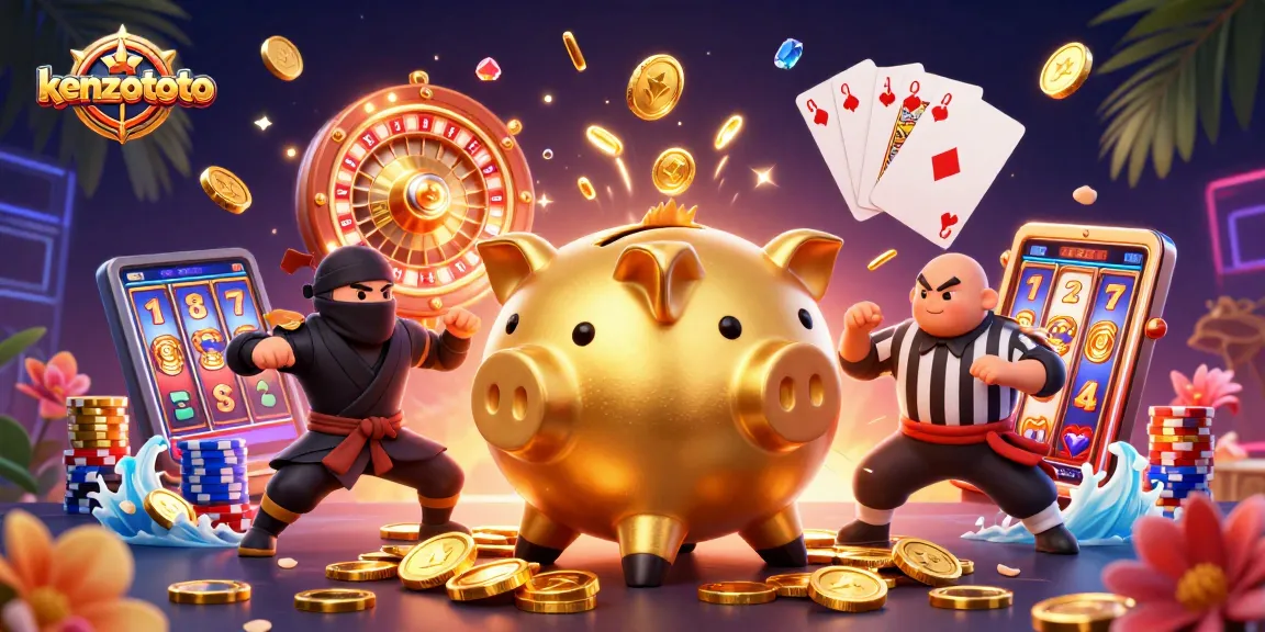 Kenzototo brings thrilling action with a golden piggy bank sumo wrestler and a dynamic casino scene.