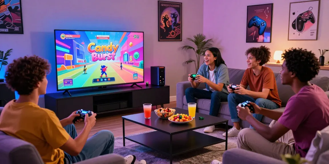 Candy Burst gaming excitement with friends in modern living room atmosphere
