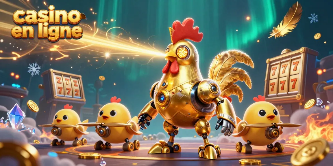 Vivez l'excitation du casino en ligne avec ce robot coq futuriste et ses drones qui jouent aux machines à sous.