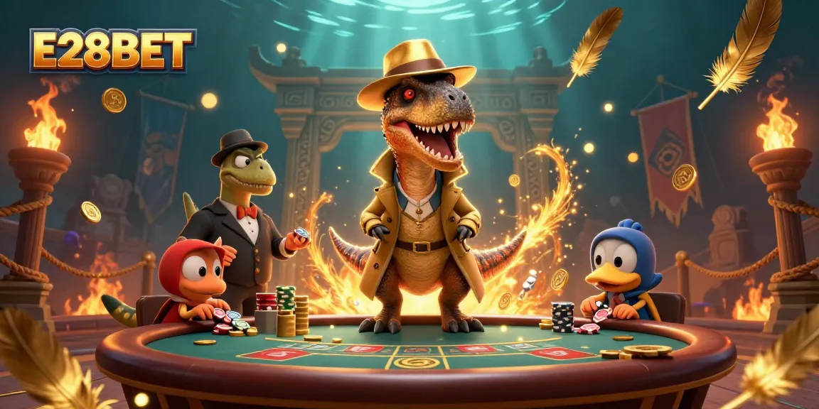 E28BET casino scene with a velociraptor card counter and stegosaurus boss at a blackjack table