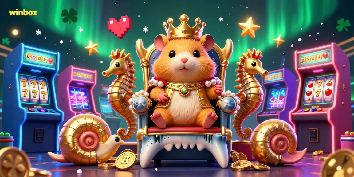 Engage with Winbox's thrilling gaming scene featuring a golden hamster king among vibrant slot game elements.