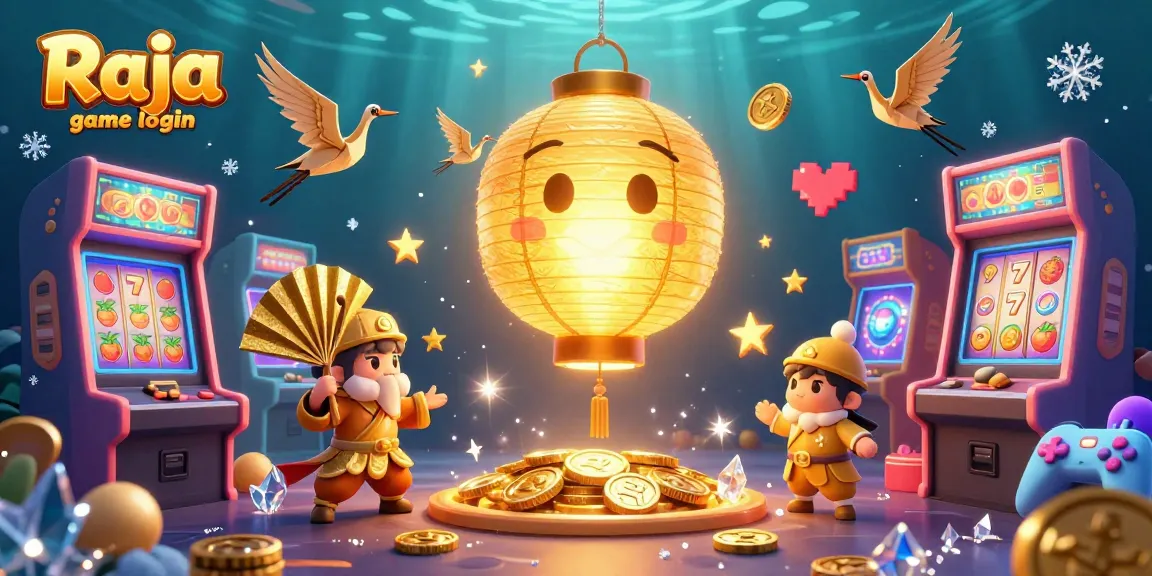Engage with Raja game login at this magical casino illustration filled with golden lanterns and gaming elements.