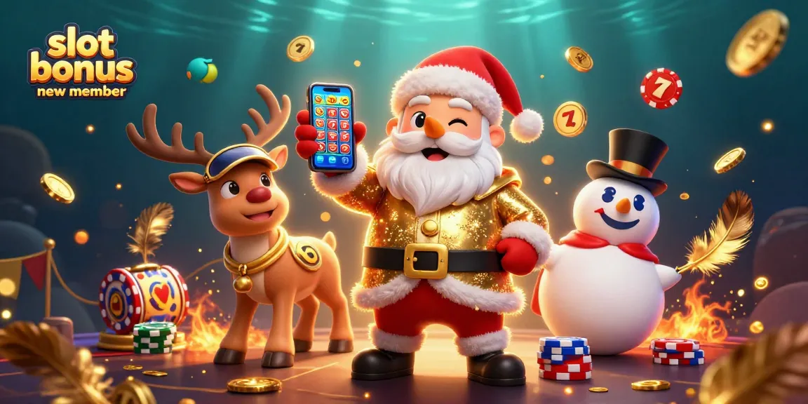 Experience the thrill of slot bonus new member promotions with a festive casino illustration.