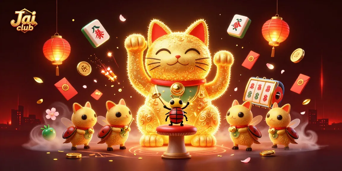 Engage with the Jai club as the lucky cat conjures casino symbols in a vibrant festival scene.