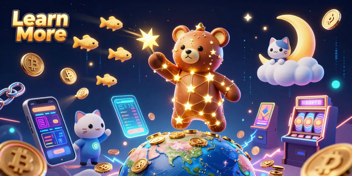 Learn More about the vibrant 3D casino scene featuring a golden constellation bear, cryptocurrency elements, and slot machines.