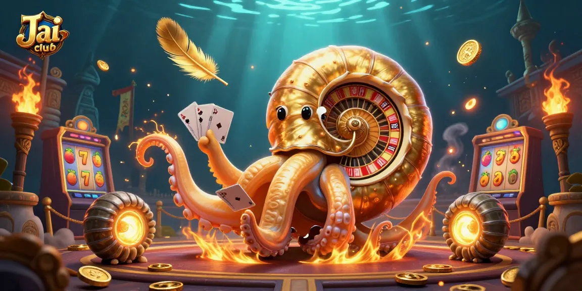 Play exciting games with Jai club's golden nautilus and glowing companions in a vibrant casino scene.