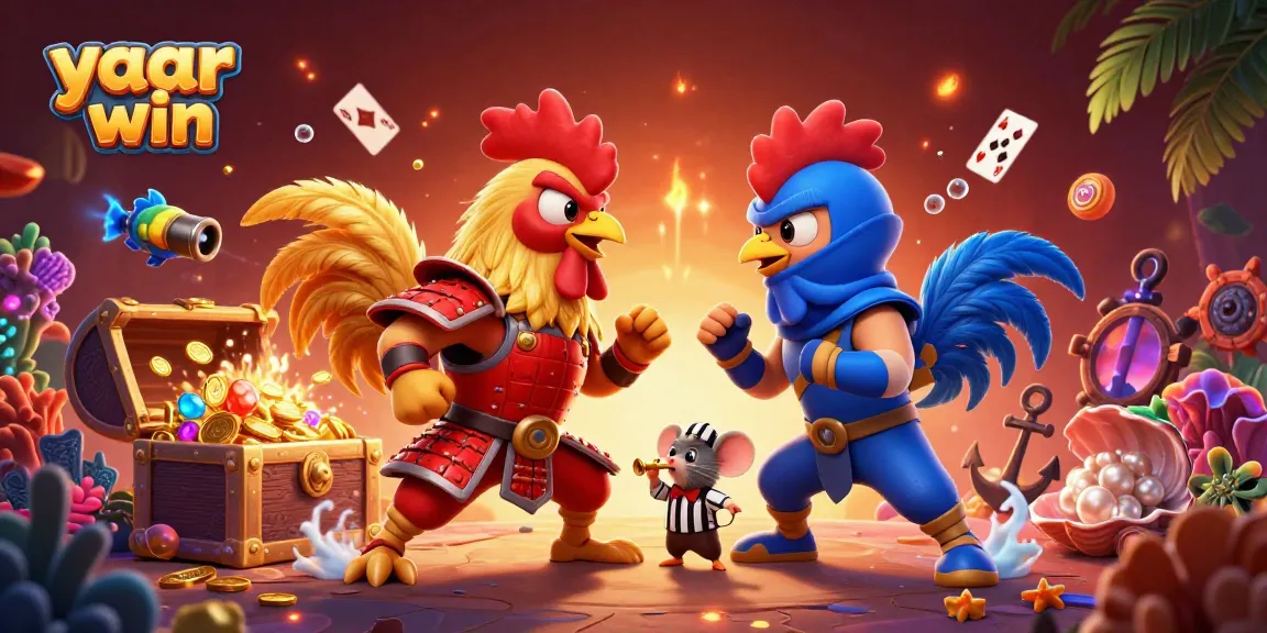 Engage in epic battles at yaar win with roosters fighting in a vibrant casino scene.