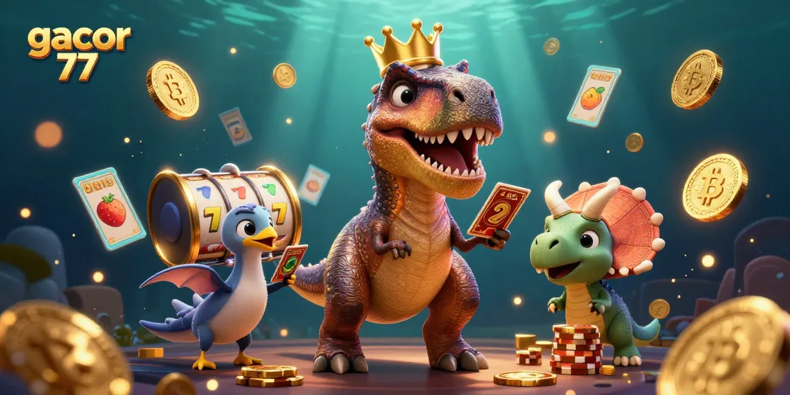 Menangkan permainan gacor 77 dengan T-Rex lucu yang mengocok kartu, didampingi pterodactyl dan triceratops menumpuk chip emas.