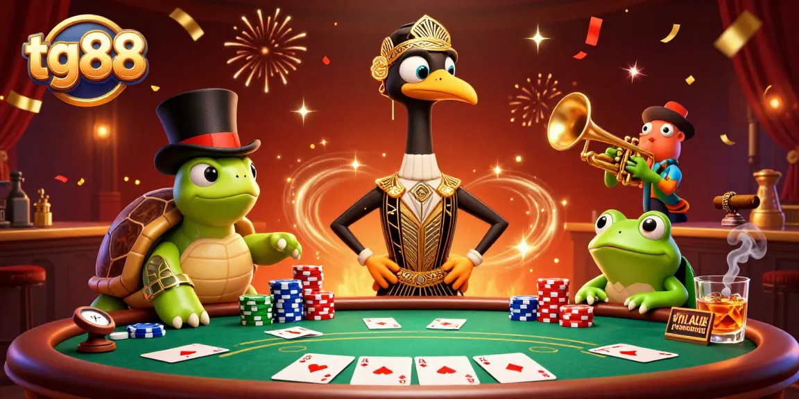 Join in the tg88 excitement at a lively casino scene filled with poker elements and vibrant characters.