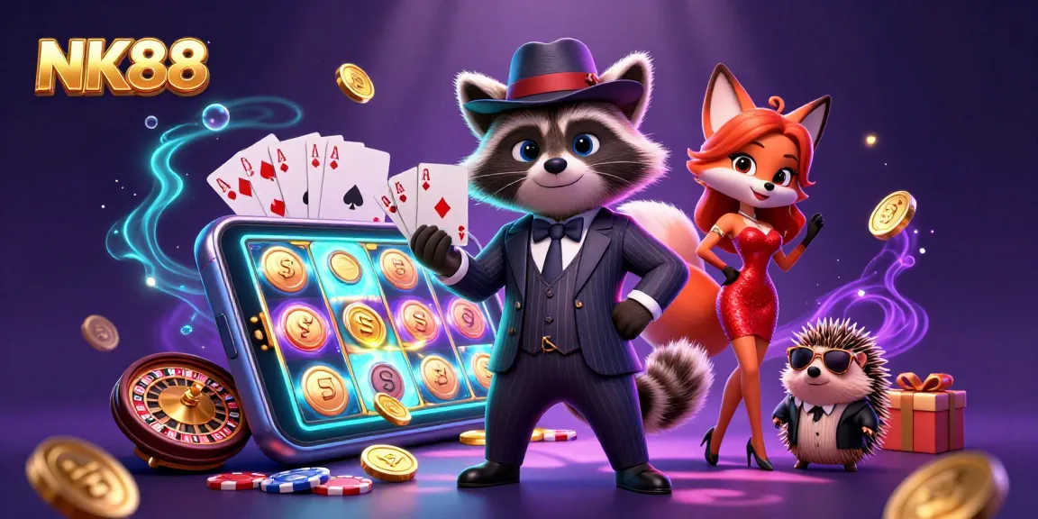 Experience thrilling gaming at NK88 with a suave raccoon, glamorous fox, and bouncer in a vibrant casino scene.