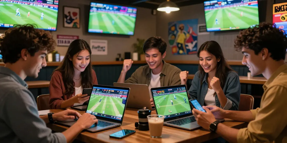 Engaging Fairplay24 scene with users excitedly placing online bets on cricket and other sports in a lively sports bar atmosphere.