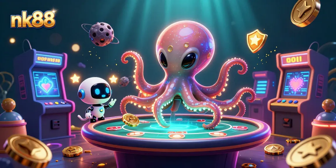 nk88 showcases a vibrant alien octopus running a holographic poker table amidst colorful casino elements.
