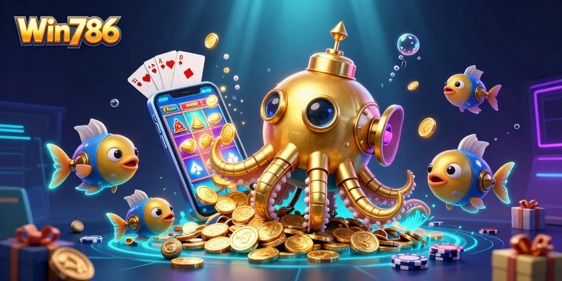 Win786 showcases vibrant casino action with a golden kraken submarine amidst golden coins, capturing thrilling gameplay.