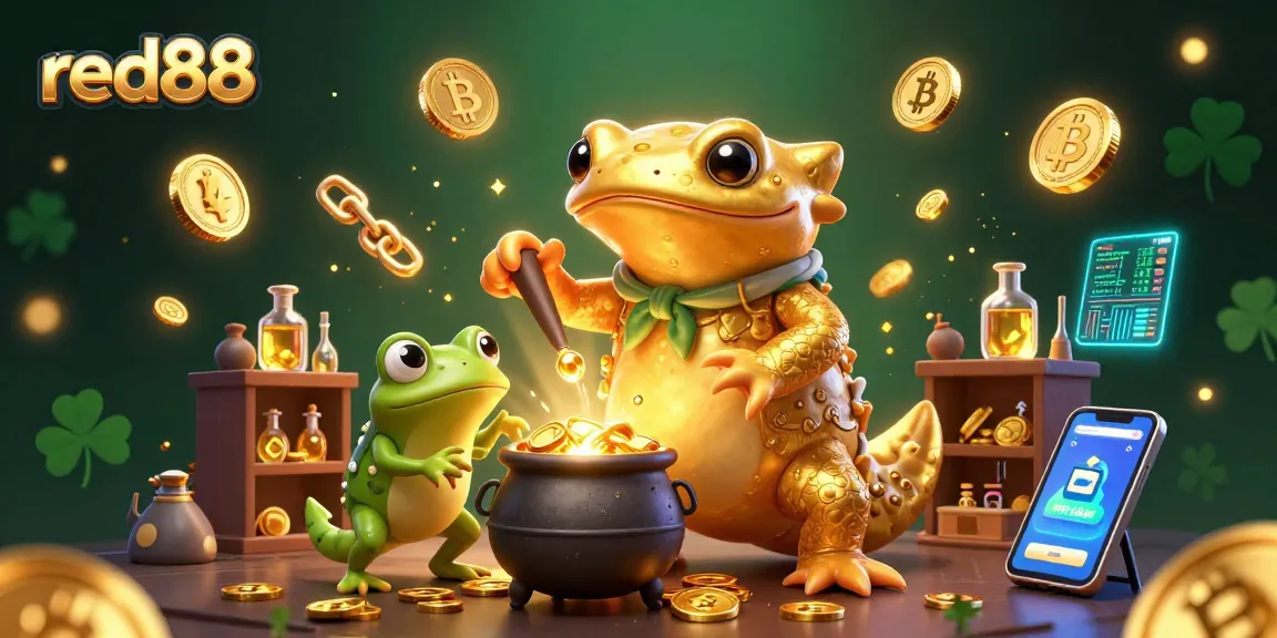 Experience red88's magical gold transmutation in a vibrant illustrated casino scene.