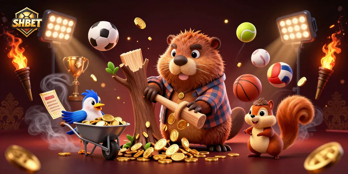 Join the fun at SHBET with a cartoon beaver and friends winning golden coins in a vibrant casino scene.