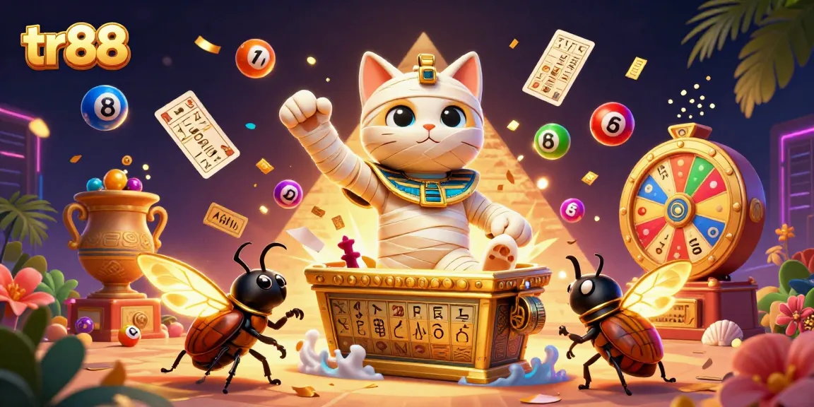 Experience exciting gaming adventures with the lively tr88 Egyptian mummy cat in a vibrant casino scene.