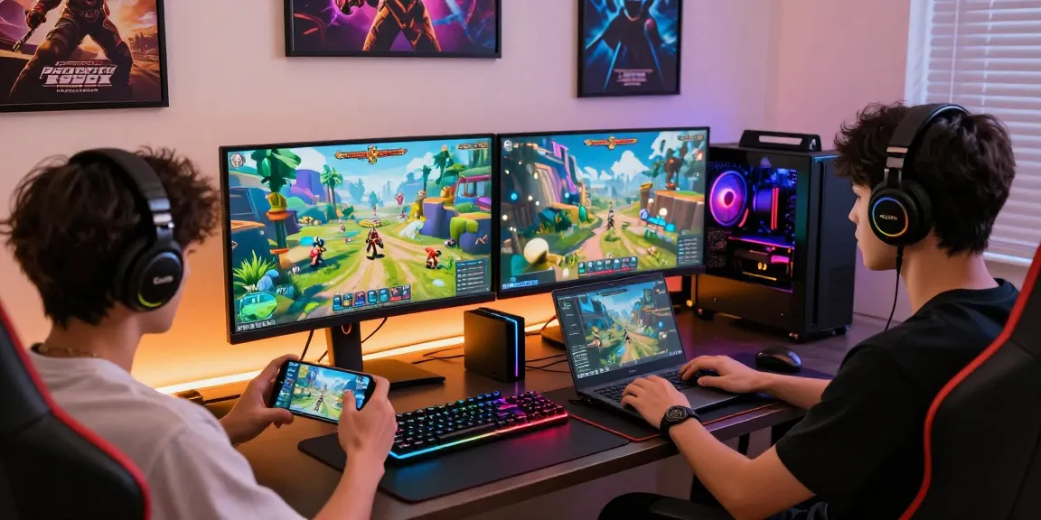 Engaging scene of gamers enjoying indo cair on smartphones and laptops in a dynamic atmosphere.