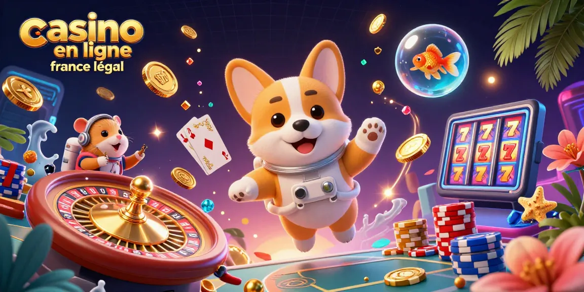 Jetons et pièces d'or flottant dans un casino spatial avec le texte "casino en ligne france légal".