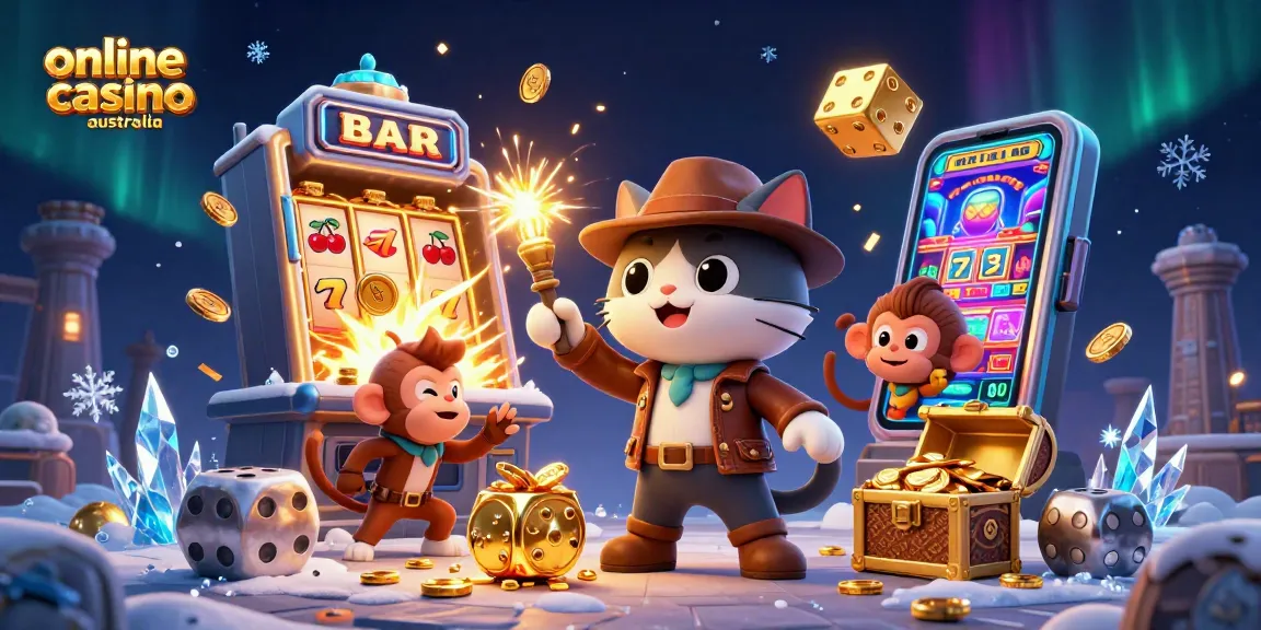 Experience the excitement of online casino Australia with a 3D illustration of a treasure-seeking cat and monkey amidst vibrant casino elements.