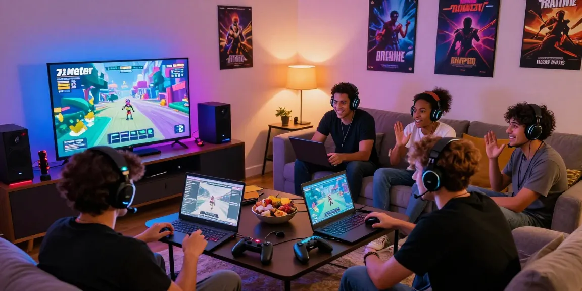 Group enjoying 7meter gaming session with consoles and snacks
