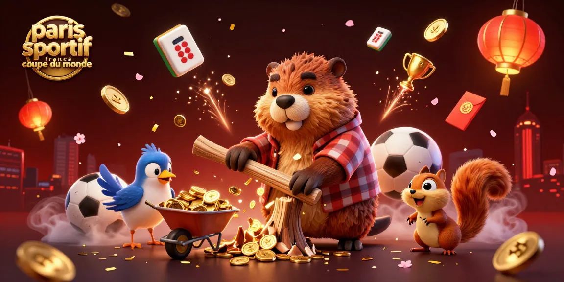 Pari sportif avec une illustration d'un castor, collectionnant des pièces d'or durant la Coupe du Monde en France