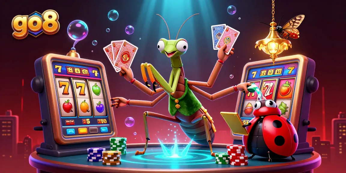 go8's vibrant casino scene showcases a giant mantis and ladybug, engaging in exciting slot action.