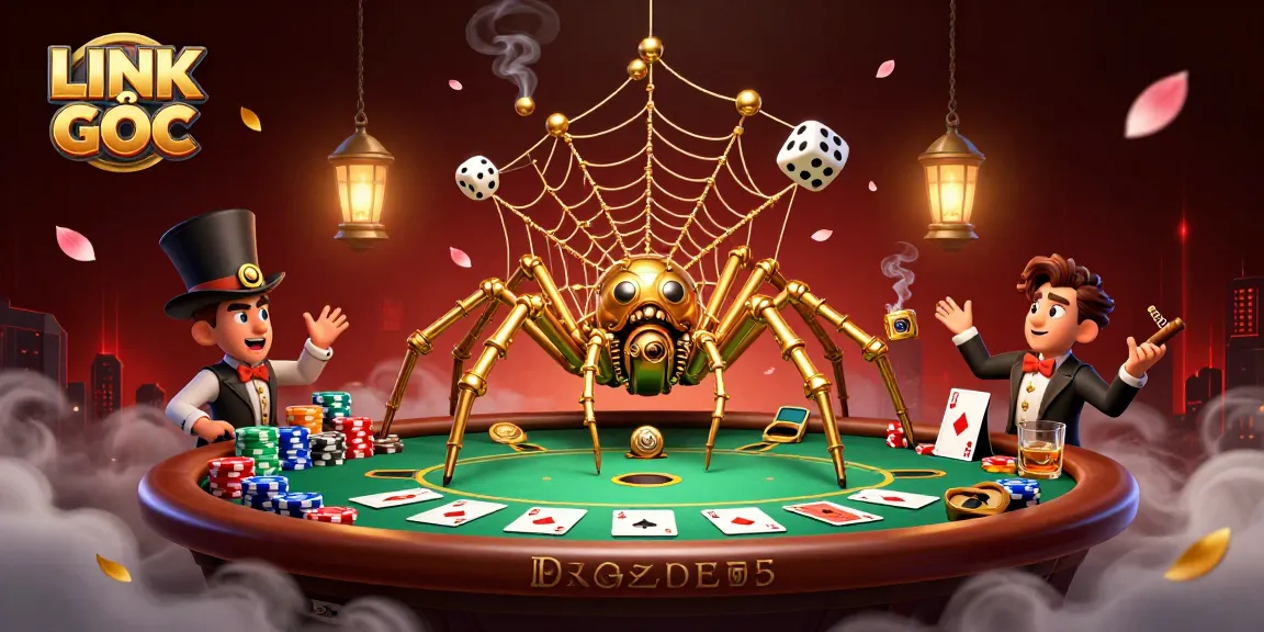 Experience LINK GỐC as a golden spider weaves a web of poker chips amid a thrilling gambling scene.
