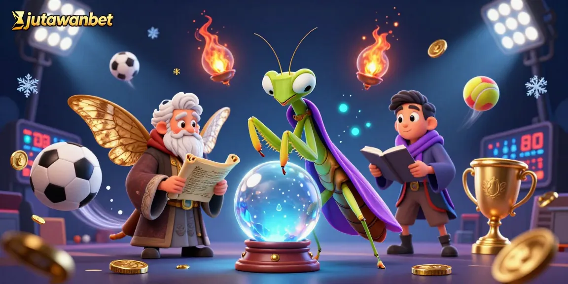 Experience the magic of jutawanbet with a dynamic 3D illustration of gambling characters and sports elements.