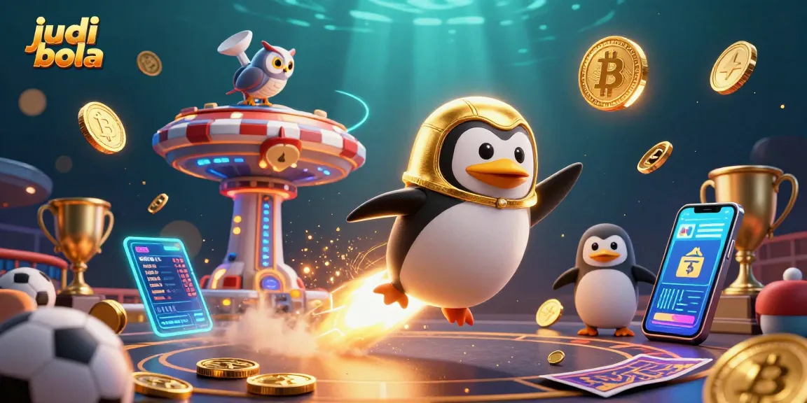 Bet on judi bola and win! Exciting sports betting action illustrated with coins and trophies.