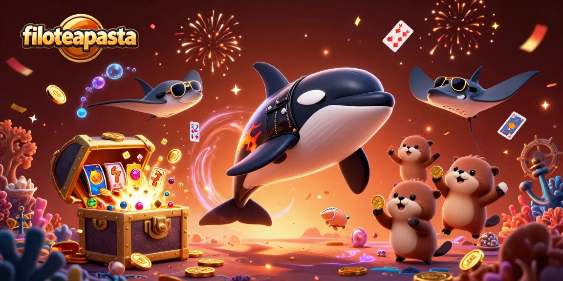 Engage with filoteapasta's vibrant slot gaming scene featuring a cheerful whale, stingray, and otters amidst flying coins.