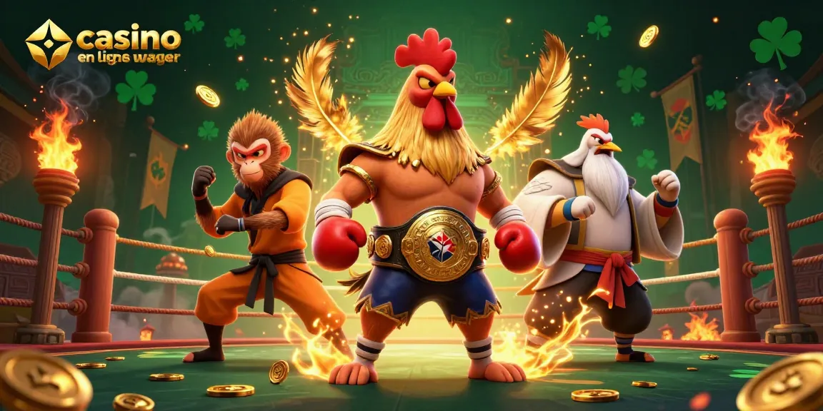 Célébrez vos gains au casino en ligne sans wager avec ce combat épique entre un coq Muay Thai, un singe Shaolin et un maître grue.