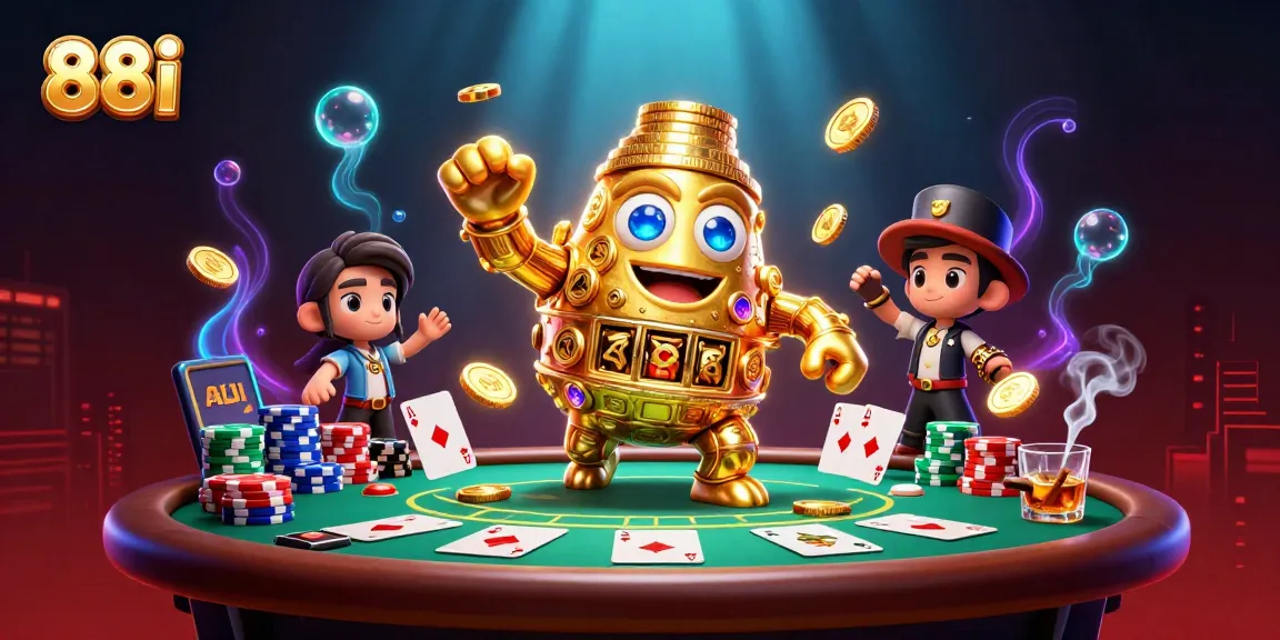 Experience thrilling gameplay at 88i with gold coin sprites and poker tables amidst a vibrant casino scene.